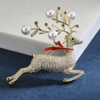 Christmas Jewelry Brooch , Brass, with Plastic Pearl, Christmas Reindeer, plated & micro pave cubic zirconia & for woman & enamel 