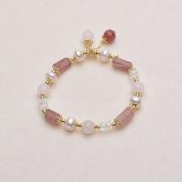 Cultured Freshwater Pearl Brass Bracelet, with Carnelian & Crystal & Brass, gold color plated, for woman, white .1 Inch 