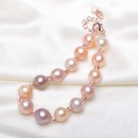 Cultured Freshwater Pearl Brass Bracelet, with Brass, Round, gold color plated, for woman, mixed colors, 9-10mm .1 Inch 