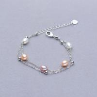 Cultured Freshwater Pearl Brass Bracelet, with Brass, Rice, silver color plated, for woman, mixed colors, 5-6mm .1 Inch 