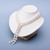 Shell Pearl Свитер ожерелье, с Латунь, Круглая, плакирован серебром, Двойной слой & Женский & со стразами, белый, длина:16.93 дюймовый, продается PC