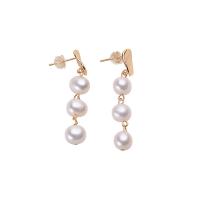 Freshwater Pearl Brass Earring, with Brass, Round, gold color plated, for woman, white, 8-9mm 