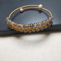 Gemstone Bracelets, Labradorite, with Freshwater Pearl & Brass, Round, gold color plated, for woman .1 Inch 