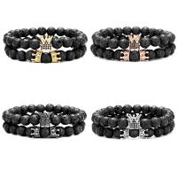 Lava Bead Bracelet, with Brass, Crown, 2 pieces & Unisex & micro pave cubic zirconia 8mm Approx 7.48 Inch 