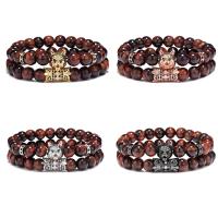 Tiger Eye Stone Bracelets, with Brass, 2 pieces & Unisex & micro pave cubic zirconia 8mm Approx 7.48 Inch 