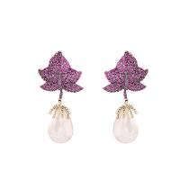Cubic Zirconia Micro Pave Brass Earring, with Plastic Pearl, Leaf, real gold plated, fashion jewelry & micro pave cubic zirconia & for woman, fuchsia 
