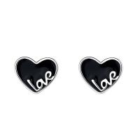 Sterling Silver Stud Earring, 925 Sterling Silver, Heart, platinum plated, for woman & enamel, black, 8mm 
