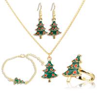 Zinklegierung Mode Schmuckset, Fingerring & Armband & Ohrring & Halskette, Weihnachtsbaum, goldfarben plattiert, 4 Stück & Weihnachts-Design & für Frau & Emaille, 5.4*2.8cm,3.5*2.8cm,3.2*2.8cm,2.8*4cm, verkauft von setzen