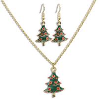 Zinklegierung Mode Schmuckset, Ohrring & Halskette, Weihnachtsbaum, goldfarben plattiert, 2 Stück & Weihnachts-Design & für Frau & Emaille, grün, 5.3*2.5cm,3.6*2.5cm, Länge:ca. 50 cm, verkauft von setzen