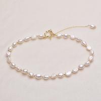 Brass Freshwater Pearl Jewelry Sets, bracelet & necklace, with Brass, gold color plated, 2 pieces & for woman, white, 43cm,18cm .1 Inch 