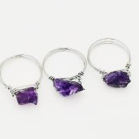 Amethyst Finger Ring, with brass wire, silver color plated, for woman, purple, 22-23mm 