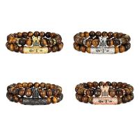 Tiger Eye Stone Bracelets, with Brass, 2 pieces & Unisex & micro pave cubic zirconia 8mm Approx 7.48 Inch 