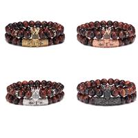 Tiger Eye Stone Bracelets, with Brass, Crown, 2 pieces & Unisex & micro pave cubic zirconia 8mm Approx 7.48 Inch 