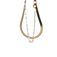 Titanio Acero Pulseras y brazaletes, Partículas de acero, con Perlas plásticas, 18K chapado en oro, Doble capa & para mujer, dorado, 180mm, Vendido por UD