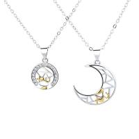 Brass Couple Necklace, platinum plated, micro pave cubic zirconia & hollow, original color, 450mm 