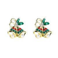 Christmas Earrings, Zinc Alloy, with Plastic Pearl, Bell, gold color plated, Christmas Design & for woman & enamel & with rhinestone 