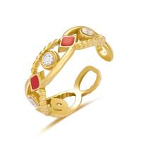 Titanium Steel Finger Ring, 14K gold plated, for woman & enamel & with rhinestone, golden, 20mm 