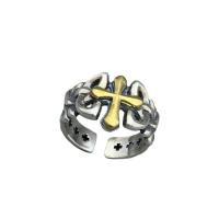 925 Sterling Silver Cuff Finger Ring, Cross, polished, Adjustable & for man & hollow, original color 