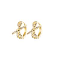 Brass Huggie Hoop Earring, Bowknot, gold color plated, micro pave cubic zirconia & for woman 