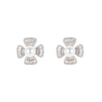 Cubic Zirconia Micro Pave Brass Earring, with Freshwater Pearl, gold color plated, micro pave cubic zirconia & for woman 