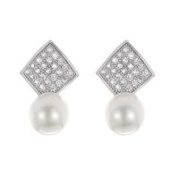 Cubic Zirconia Micro Pave Brass Earring, with Cubic Zirconia & Plastic Pearl, Round, plated, for woman 