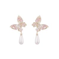 Cubic Zirconia Micro Pave Brass Earring, with Resin Pearl, Butterfly, real gold plated, fashion jewelry & micro pave cubic zirconia & for woman 