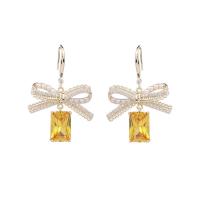 Cubic Zircon (CZ) Drop Earring, Brass, Bowknot, real gold plated, fashion jewelry & micro pave cubic zirconia & for woman 