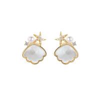Freshwater Pearl Brass Earring, with Shell & Freshwater Pearl, gold color plated, micro pave cubic zirconia & for woman 