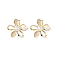 Freshwater Pearl Brass Earring, with Shell & Freshwater Pearl, Flower, gold color plated, micro pave cubic zirconia & for woman & hollow 