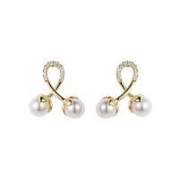 Freshwater Pearl Brass Earring, with Freshwater Pearl, gold color plated, micro pave cubic zirconia & for woman 