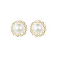 Cubic Zirconia Micro Pave Brass Earring, with Shell Pearl, gold color plated, micro pave cubic zirconia & for woman 