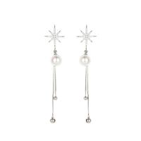 Freshwater Pearl Brass Earring, with Freshwater Pearl, plated, micro pave cubic zirconia & for woman 