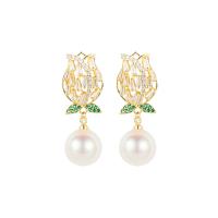 Freshwater Pearl Brass Earring, with Freshwater Pearl, Tulip, plated, micro pave cubic zirconia & for woman 
