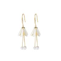 Fashion Fringe Earrings, Brass, with Cats Eye & Freshwater Pearl, Flower, gold color plated, for woman 