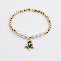 Brass Christmas Bracelet, with Plastic Pearl, gold color plated, Christmas Design & Unisex & micro pave cubic zirconia & enamel, mixed colors .1 Inch 
