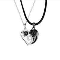 Couple Jewelry Necklace, Titanium Steel, Heart, stoving varnish, micro pave cubic zirconia, white and black, 450mm 