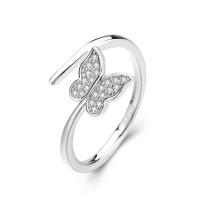 925 Sterling Silver Cuff Finger Ring, Butterfly, platinum plated, Adjustable & micro pave cubic zirconia & for woman, original color 