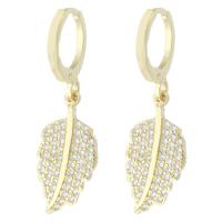 Huggie Hoop Drop Earring, Brass, Leaf, gold color plated, micro pave cubic zirconia & for woman, 32mm 