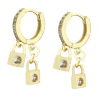 Huggie Hoop Drop Earring, Brass, Lock, gold color plated, micro pave cubic zirconia & for woman, 27mm 