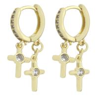 Huggie Hoop Drop Earring, Brass, Cross, gold color plated, micro pave cubic zirconia & for woman, 30mm 