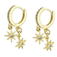 Huggie Hoop Drop Earring, Brass, Eight Point Star, gold color plated, micro pave cubic zirconia & for woman, 28mm 
