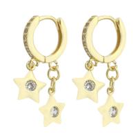 Huggie Hoop Drop Earring, Brass, Star, gold color plated, micro pave cubic zirconia & for woman, 29mm 