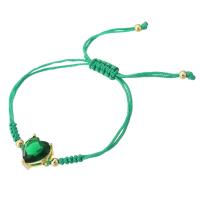 Cubic Zirconia Brass Bracelets, with Polyester Cord, Heart, gold color plated, Adjustable & dyed & for woman & with cubic zirconia, green Approx 9 Inch 