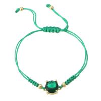 Cubic Zirconia Brass Bracelets, with Polyester Cord, gold color plated, Adjustable & dyed & for woman & with cubic zirconia, green Approx 9 Inch 