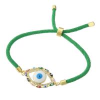 Evil Eye Jewelry Bracelet, Brass, with Polyester Cord, gold color plated, Adjustable & dyed & micro pave cubic zirconia & for woman & enamel, green Approx 9 Inch 
