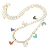 Cubic Zircon Micro Pave Brass Necklace, Heart, gold color plated, micro pave cubic zirconia & for woman & enamel, multi-colored Approx 18.7 Inch 