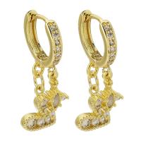Huggie Hoop Drop Earring, Brass, Heart, gold color plated, micro pave cubic zirconia & for woman, 30mm 