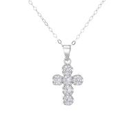 Cubic Zirconia Micro Pave Sterling Silver Necklace, 925 Sterling Silver, Cross, silver color plated, micro pave cubic zirconia & for woman, silver color, 450mm 