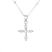 Cubic Zircon Micro Pave Sterling Silver Necklace, 925 Sterling Silver, Cross, silver color plated, micro pave cubic zirconia & for woman, silver color, 450mm 