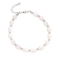 Pearl Sterling Silver Bracelets, 925 Sterling Silver, with Freshwater Pearl, silver color plated, fashion jewelry & for woman, white, 190mm 